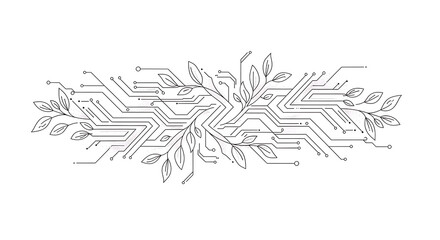 Innovative circuits blend with organic leaves symbolizing sustainable technology and growth