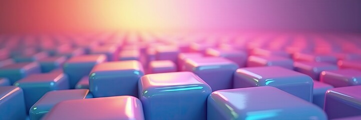 Numerous glossy, rounded cubes create a textured field under a vibrant gradient of pink, purple, and orange hues, offering a modern and abstract geometric display with a soft focus across the surface.