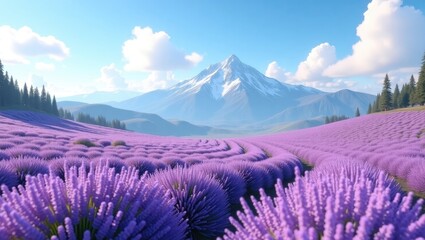 Majestic mountain scenery featuring fields of vibrant purple lavender flowers under a bright blue sky dotted with fluffy white clouds, creating a serene and picturesque landscape, perfect for a...