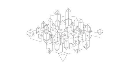 Abstract geometric cityscape concept with interconnected wireframe buildings and futuristic design