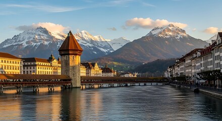 Riverfront buildings and covered bridge face snow-capped mountains.
