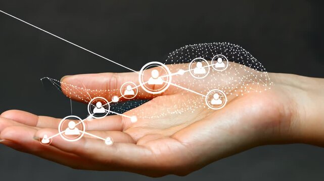 A hand cradles a network of interconnected user icons, suggesting connection, collaboration, and digital reach