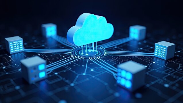 Digital depiction showcasing a cloud computing concept, with a 3D rendered cloud in the center connected to multiple data centers in a network configuration, emphasizing data storage and the...