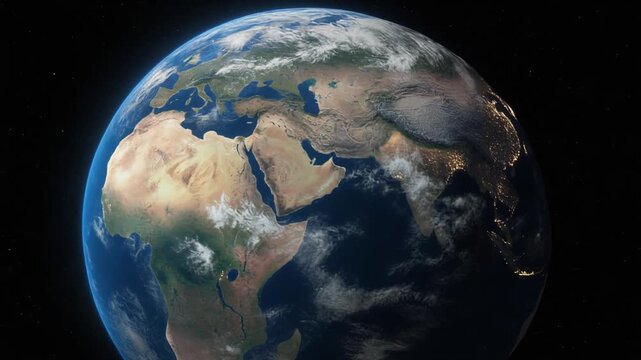 Earth from space showing Europe, Africa, and Asia with clouds and city lights. - Powered by Adobe