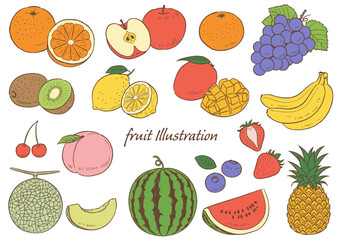 手描きの果物のセット線画カラー_ベクターイラスト