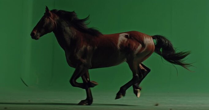 A dynamic rotational shot of a horse running against a green background