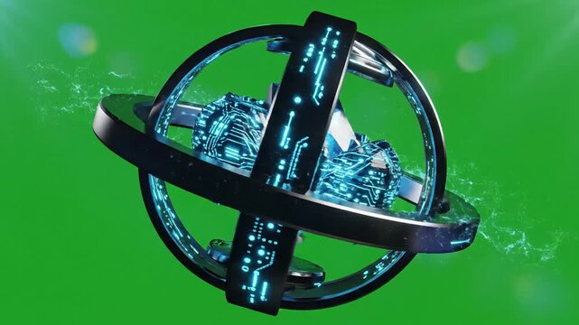 A futuristic quantum computer model with a greenscreen background, showcasing a complex blue circuit board design in a sleek, metallic sphere with a shallow depth of field.