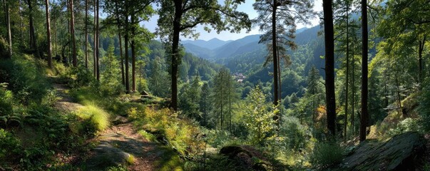 Fototapeta premium Forest managed sustainably with fsc certification concept. Serene forest landscape with a mountain view.