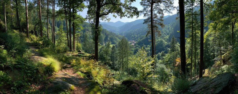 Forest managed sustainably with fsc certification concept. Serene forest landscape with a mountain view.