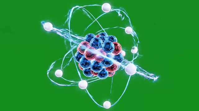 Anatomical illustration of an atom on a greenscreen background, showcasing protons, neutrons, and electrons in a quantum computer lab setting.
