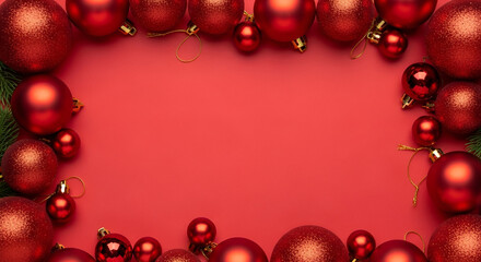 A rectangular frame of red Christmas spheres and natural pine branches with ample central negative space, a clean layout for promotional banners or Happy New Year messages