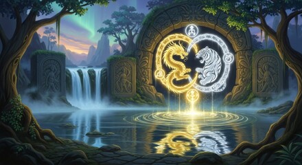 Mystical portal with dragon and tiger over lake