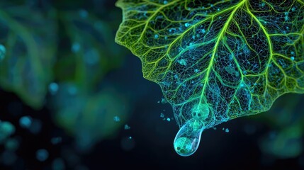 Water drop shaped like earth resting on leaf concept. Close-up of a leaf with a water droplet, showcasing nature's beauty.