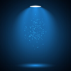 Abstract blue spotlight background illuminating a glittery dust cloud in center