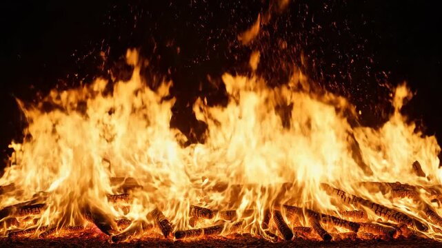 A highly energetic and vivid fire line featuring intense flames and glowing embers, ideal for dramatic, dynamic video projects.