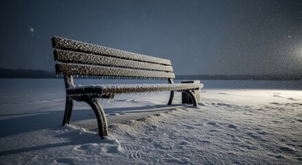 Snow covered bench with icicles at winter night