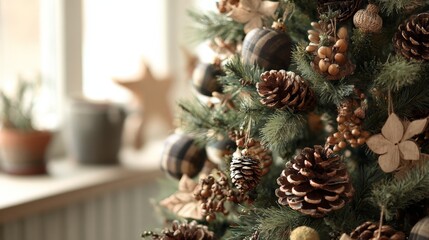 A close-up of a beautifully decorated Christmas tree with pinecones, wooden ornaments, and plaid baubles, set against a softly lit window.