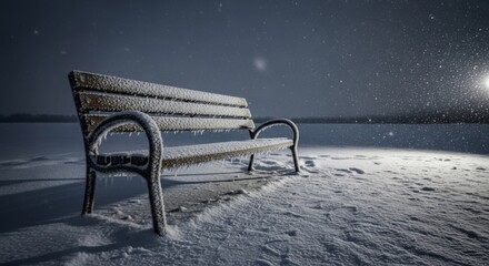 Snowy bench at night