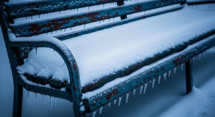 Snowy park bench covered in ice and snow