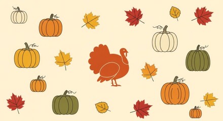 Thanksgiving pattern with pumpkins, turkey and autumn leaves