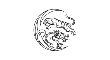 Tiger and dragon illustration in black outline