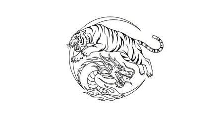 Tiger and dragon illustration in black and white