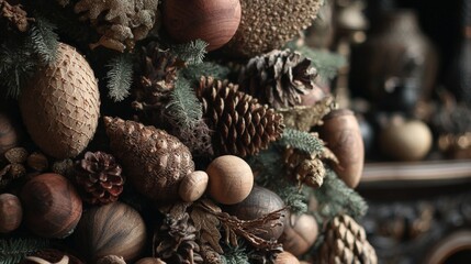 A close-up of a rustic holiday arrangement featuring pine cones, acorns, and evergreen branches with warm lighting and a soft focus background.