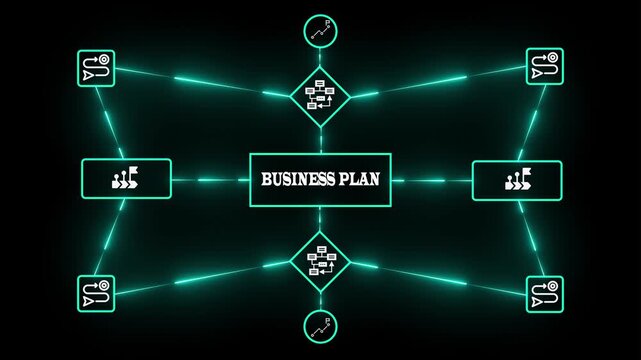 Business plan strategy and Corporate roadmap infographic with neon process chart, planning stages, objectives alignment and creative organizational development framework.