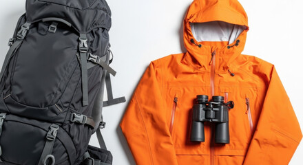 Backpack Orange Jacket Binoculars Outdoor Adventure Hiking Gear Travel Essentials Exploration Equipment White Backdrop Top View Flat Lay
