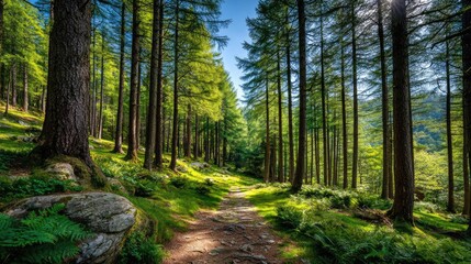 Fototapeta premium Forest managed sustainably with fsc certification concept. Serene forest path surrounded by lush greenery and tall trees.