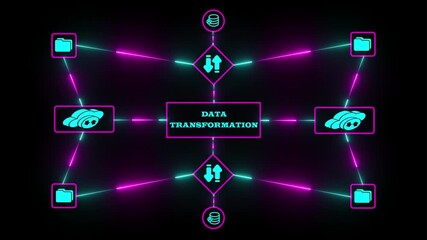 Data transformation and digital modernization infographic with neon futuristic visualization of structured analytics, integration process and connected system workflow. - Powered by Adobe