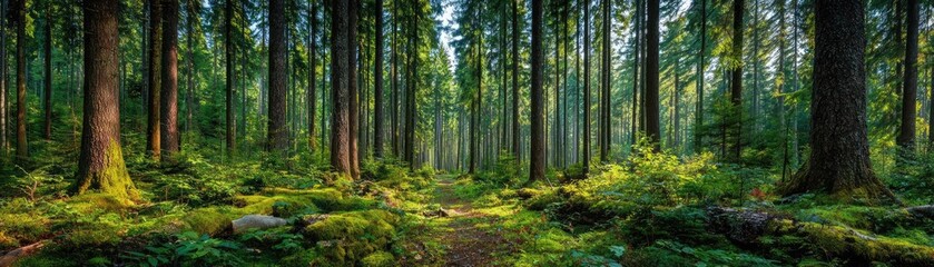 Forest managed sustainably with fsc certification concept. A serene forest scene with tall trees and lush greenery.