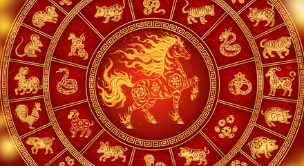 Vibrant Chinese Zodiac Wheel Illustration with Golden Flaming Horse Symbolizing Lunar New Year Astrology and Traditional Culture on a Red Background