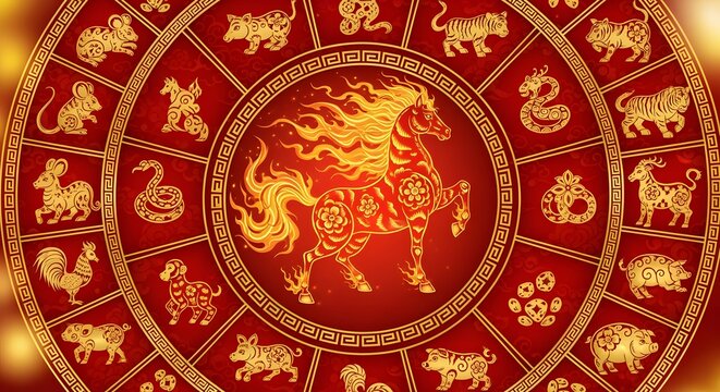 Vibrant Chinese Zodiac Wheel Illustration with Golden Flaming Horse Symbolizing Lunar New Year Astrology and Traditional Culture on a Red Background