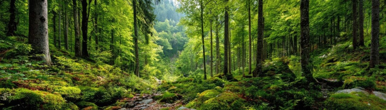 Forest managed sustainably with fsc certification concept. A serene forest landscape with vibrant green foliage and trees.