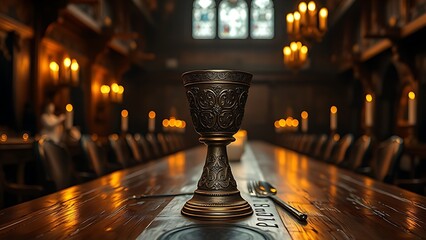 flagon. An ornate engraved flagon sits on a long wooden table in a medieval hall. event programs, museum guides, designed for cultural heritage projects and event programs.
