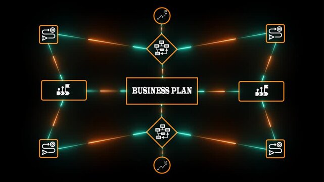 Business plan strategy and Corporate roadmap infographic with neon process chart, planning stages, objectives alignment and creative organizational development framework.