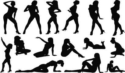 Stylized female silhouette poses in high heels showcasing elegance, gesture, posture, and fashion reference for vector art and design inspiration.