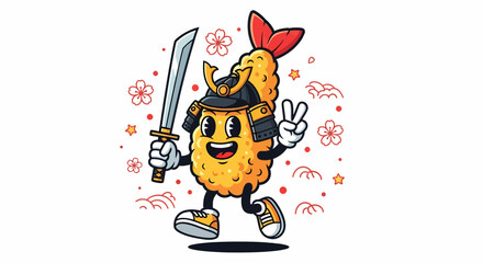 Cartoon Tempura Samurai Character with Sword and Peace Sign.