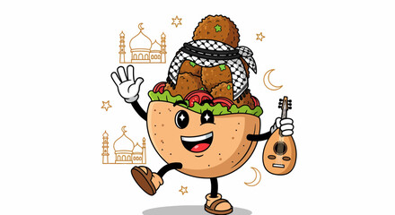 Cheerful Falafel Pita Sandwich Mascot Wearing a Keffiyeh and Playing an Oud.
