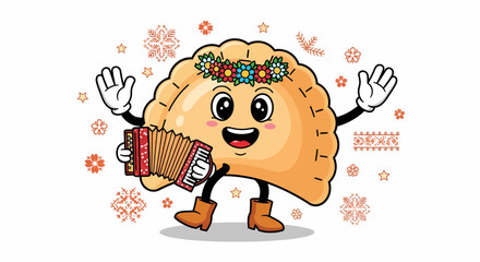 Cheerful pierogi character playing accordion with floral crown and boots.