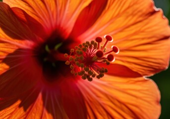 Vibrant orange tropical hibiscus flower macro with detailed stamens backlit