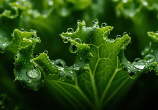 Ultra macro photograph of fresh green kale leaf with sparkling water droplets