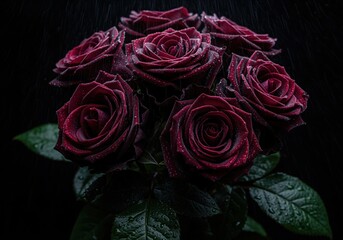 Fototapeta premium Dramatic moody bouquet of wet deep burgundy roses with water drops and rain on dark background