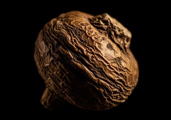 Fototapeta premium Dramatic macro shot of dried maca root with intricate wrinkled texture on black background
