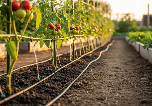 Sustainable drip irrigation system watering ripe tomato plants in a sunny garden