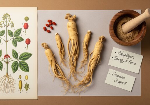 Ginseng roots, botanical illustration, goji berries, and herbal medicine benefits flat lay