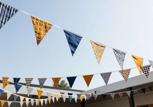 Stylish bunting flags in blue and ochre patterns hanging outdoors under clear sky - Powered by Adobe