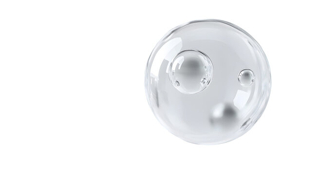 A transparent spherical liquid droplet with internal bubbles and metallic spheres, symbolizing science, beauty, fluid, isolated on transparent background