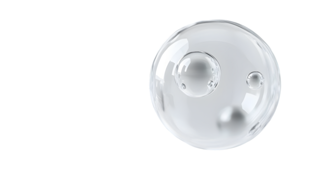 A transparent spherical liquid droplet with internal bubbles and metallic spheres, symbolizing science, beauty, fluid, isolated on transparent background